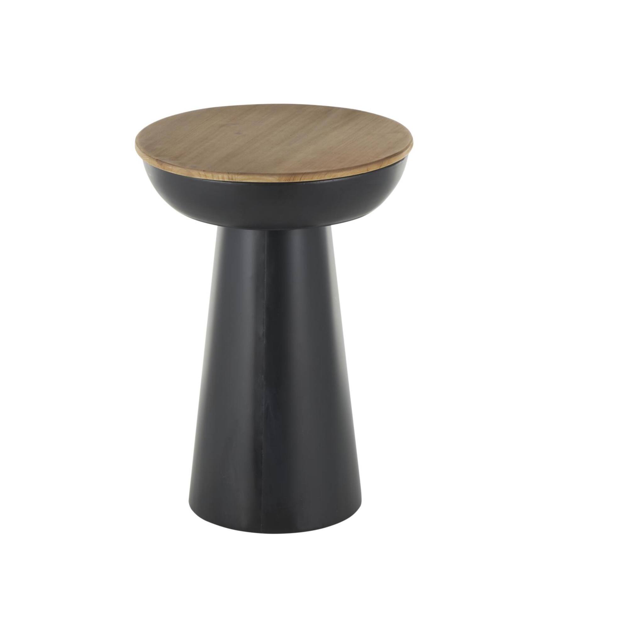21" Black Metal Pedestal Accent Table with Brown Wood Tabletop